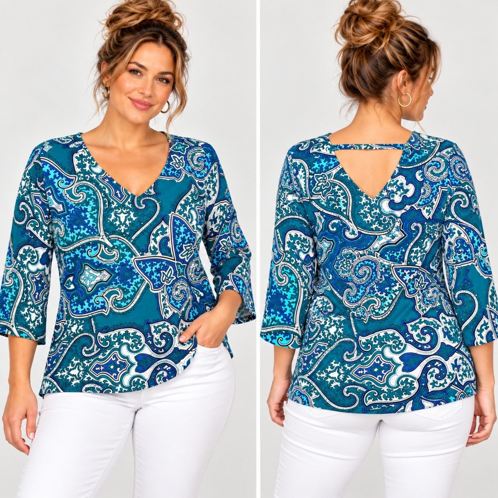 Chicos Travelers Women 2 L Paisley Stretch Knit Top 3/4 Sleeve Teal Coastal Boho